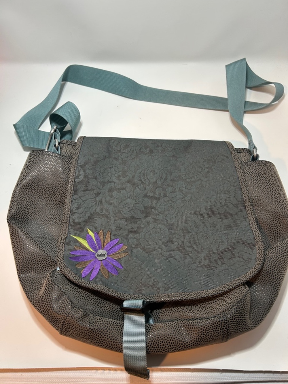Habitat Gray Floral Jacquard Crossbody Bag with Purple Flower Accent